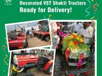 Customers are seen decorating their new VST Shakti Tractor before delivery.